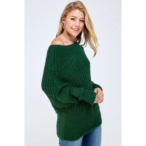 Hunter Green Soft Fuzzy Off The Shoulder Pullover Knit Holiday Casual Sweater - Picture 4 of 6